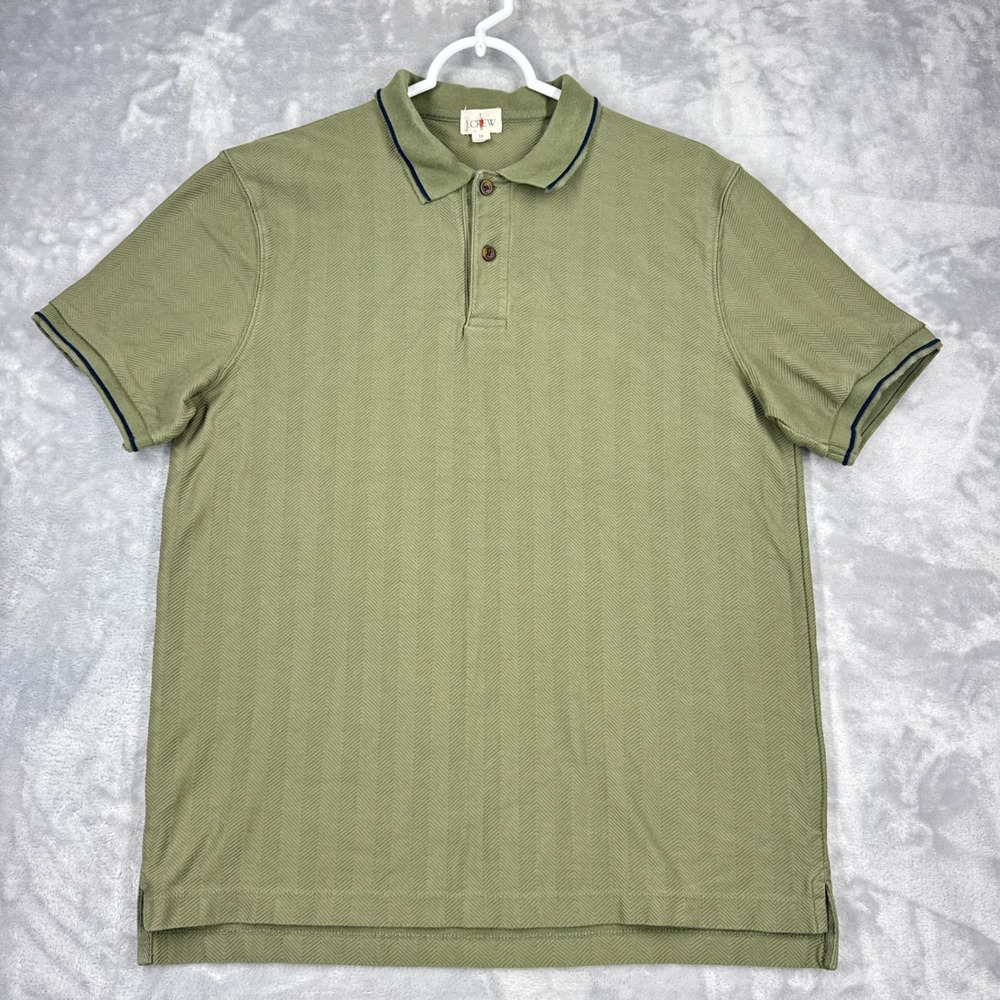 J.CREW Oarsman Cotton Herringbone Polo Shirt Mens M Olive Green Tipped Collar